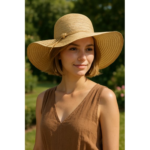 Straw Big Rim Hat - w/ Multi-String Bow - Natural - HT-SHA50203NT